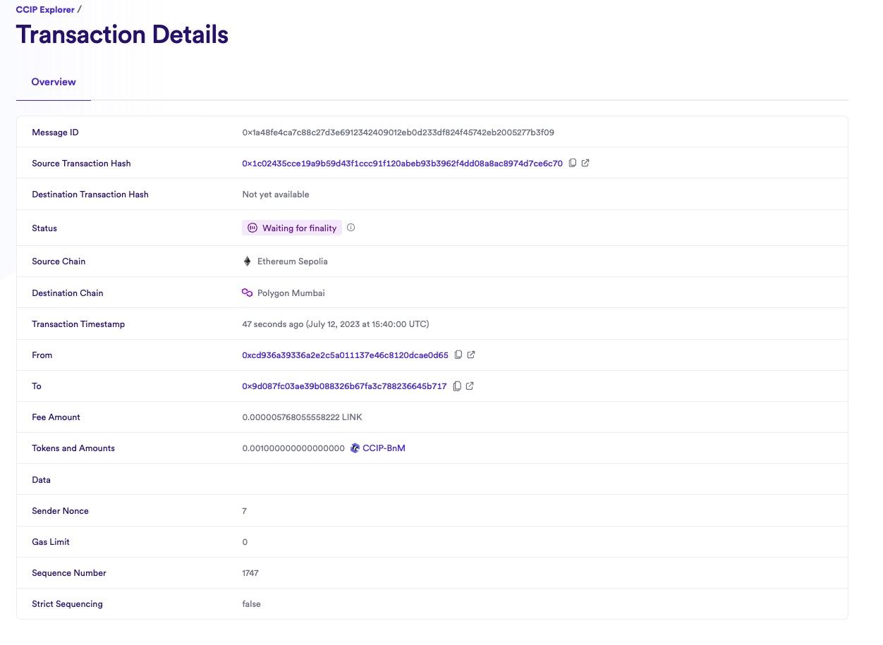 Chainlink CCIP Explorer transaction details